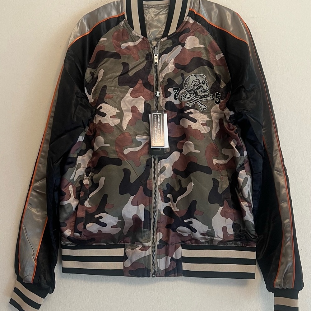 Men’s Members Only Camo Bomber Jacket Black & Silver Accents
